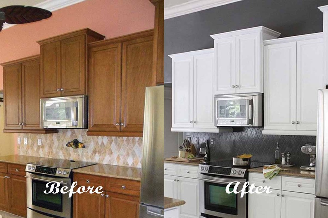 Kitchen cabinets before and after painting - wood to white
