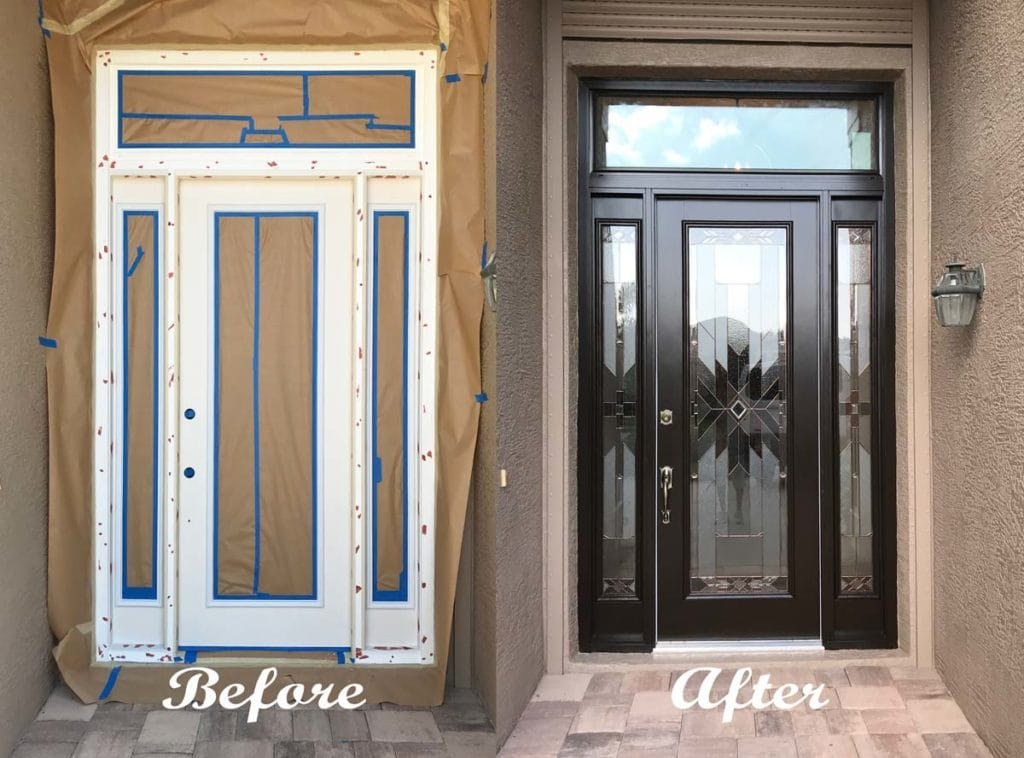 Front door before and after painting - white to black