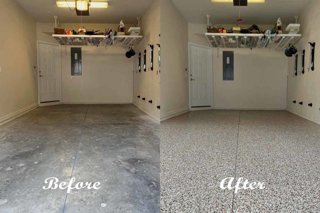 Garage floor before and after epoxy coating, from the Ultimate Services website