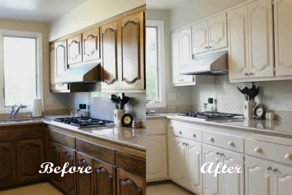 Kitchen cabinets before and after painting, from the Ultimate Services website